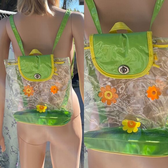 Y2K Clear Green Plastic Backpack Flowers Floral Japanese Style Girly - Picture 2 of 2